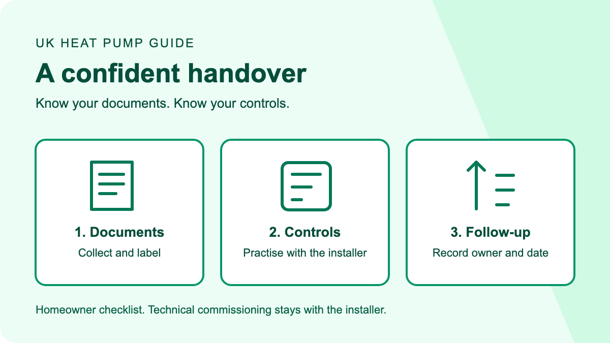 Three parts of heat pump handover: collect documents, practise the controls and record follow-up actions.